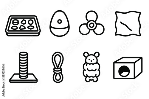 Pet Enrichment Icons. Enrichment Items for Pets linear set: foraging tray, wobble feeder, treat spinner, scent cloth, climbing post, tug loop, crinkle plush, hide box.