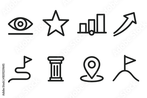 Future Goals Icons. Long-Term Goals linear set: horizon line, vision star, multi-year timeline, aspiration arrow, future waypoint, guided path, milestone pillar, destination icon.