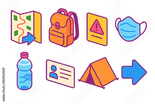Evacuation Essentials Icons. Evacuation readiness items isometric flat set: route guide, essentials pack, alert card, protective mask, bottled water, emergency contacts sheet,