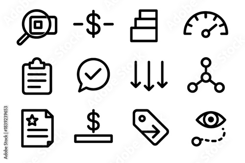 Financial Scoping Icons. Financial Scoping Icons linear set: scope outline card, cost boundary line, resource tiers, estimate gauge, scoped items list, requirement bubble,