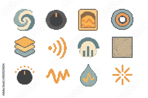 Pixel Sound Icons. Creative Sound Experimentation pixel style set: waveform swirl, tone knob, resonant chamber icon, modulation ring, layered sound block, echo pulse, frequency arc