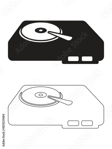 Two stylized illustrations of a turntable record player one solid black and one outline isolated on white background