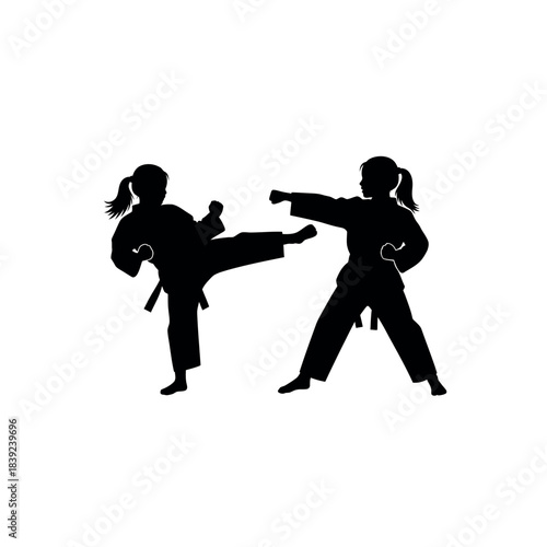Two girls practicing karate silhouette.