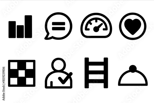 Balance Icon Set. Everyday Life Balance silhouette set: even-flow bar, intentional pause bubble, focus–rest ratio gauge, supportive habit token, stabilized routine tile, mindful