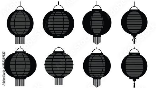A collection of traditional black and white paper lanterns in a grid pattern