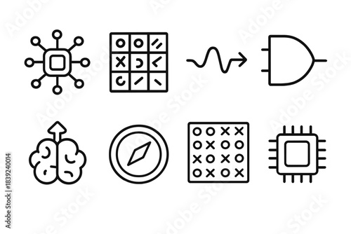 AI System Components. Intelligent system components linear set: AI core node, feature map tile, signal ribbon bar, decision gate, learning vector icon, algorithm dial, pattern unit