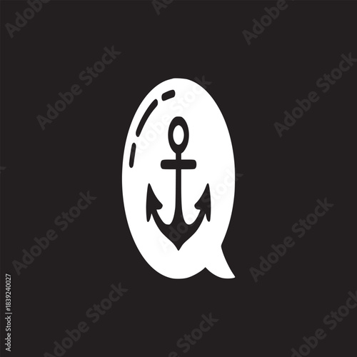 A white anchor symbol inside a white speech bubble on a plain black background illustration art