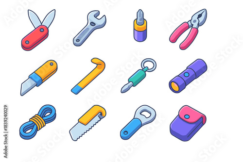 Isometric Tool Icons. Utility Equipment Set isometric flat set: multitool knife, small adjustable wrench, hex bit holder, plier grip, blade tool, pry bar, keychain screwdriver,