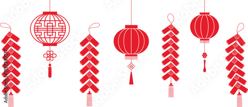 Red Chinese lanterns and decorative firecrackers, festive Lunar New Year illustration featuring traditional Asian celebration elements in elegant vector design