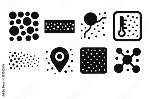 Bold Environmental Icons. Environmental micro-particle dynamics silhouette set: aerosol cluster tile, particulate band bar, drift flow node, density meter, dust spread strip,