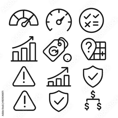 Credit Score Icons. Credit Score Indicators linear set: score gauge, credit meter dial, rating bar, payment history icon, utilization chart, account age tag, inquiry marker, credit