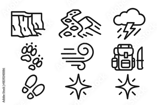 Desert Adventure Icons. Wild Adventure linear set: canyon edge, rugged path, desert dune, storm cloud, wildlife track, strong wind swirl, survival gear, adventure spark.
