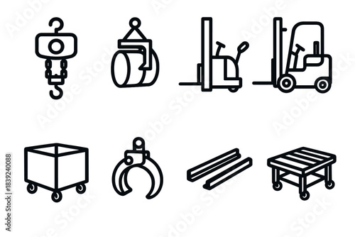 Industrial Tool Icons. Industrial Handling Tools Set linear set: hoist, drum lifter, pallet stacker, reach truck, transport bin, clamp attachment, transfer table, guide rails. [.