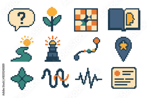 Identity Icon Set. Identity Exploration Elements pixel style set: self-inquiry bubble, personal growth ring, value pattern tile, defining story icon, perspective path, identity