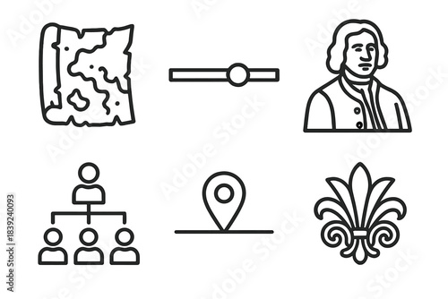Historic Icons Arrangement. Time-Period Context Set linear set: old map fragment, timeline bar, historical figure outline, societal structure grid, event marker, cultural motif.