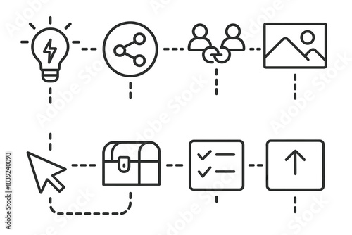 Creative Workflow Icons. Connected creator environments linear set: inspiration spark, project node, team link icon, multimedia layer, edit path arrow, asset chest, review marker,