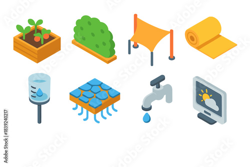 Adaptive Environment Icons. Adaptive environment elements isometric flat set: raised garden bed, windbreak hedge, sunshade cloth, thermal blanket icon, rain gauge, permeable