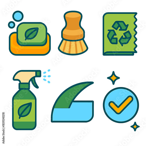 Eco-Friendly Cleaning Icons. Eco-Safe Surface Cleaning flat set: eco soap bowl, bamboo brush, recycled wipe, low-tox mist, smooth surface arc, fresh finish mark.