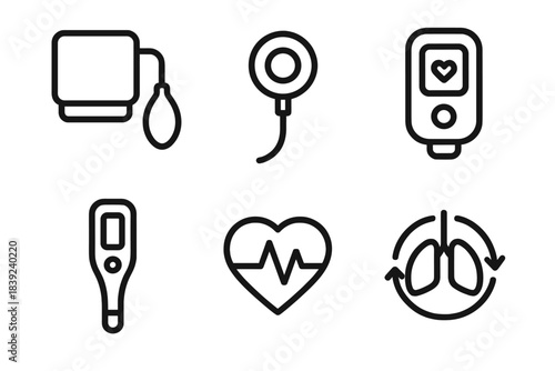 Medical Iconography Set. Patient Vital Check Set linear set: pressure cuff, stetho head, oximeter symbol, thermal device, pulse wave meter, breath cycle icon.