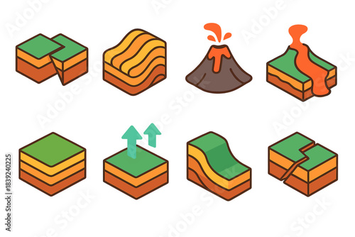 Geological Icon Set. Geological Transformations Set isometric flat set: shifting plates, folded strata, volcanic cone, lava flow, sediment layers, uplift arrows, erosion curve,