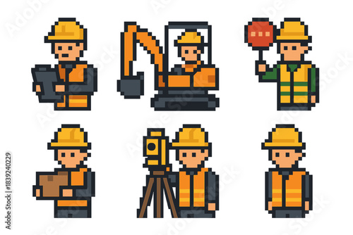 Construction Roles Icons. Workforce Roles on Site set of icons in flat pixel vector style: site supervisor icon, equipment operator, safety officer, materials handler, surveyor