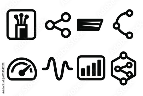 Brutalist Connectivity Icons. Next-gen connectivity flows silhouette set: fiber channel tile, link node pair, high-speed beam bar, data route arc, bandwidth meter, signal crest,