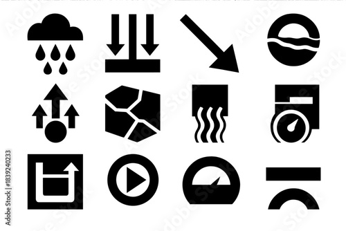 Hydrology Icon Set. Integrated Hydrology Models silhouette set: precipitation cue tile, infiltration bar node, runoff path bar, groundwater ring, evapotranspiration dot, catchment