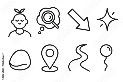 Mindful Discovery Icons. Attentive Discovery Modes linear set: mindful wander icon, perception lens bubble, slow-explore arrow, subtle detail spark, calm inquiry stone, open-sense