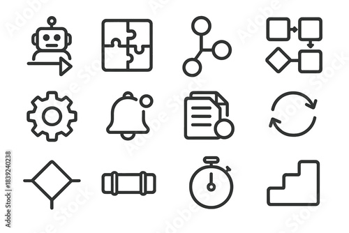 Workflow Automation Icons. Automation & Workflow Icons linear set: bot trigger, rules engine tile, condition branch, integration flow, task automation gear, update notification,