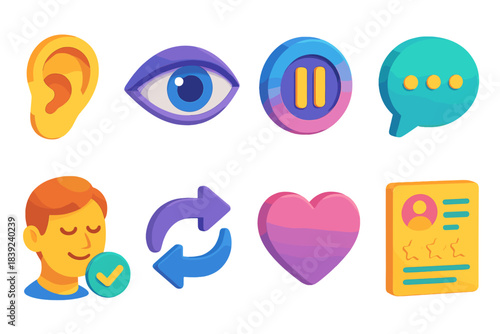 Colorful 3D Listening Icons. Active listener Fashionable 3D colourful isometric style set: listening ear, attentive gaze, mindful pause marker, dialogue bubble, confirm nod, echo