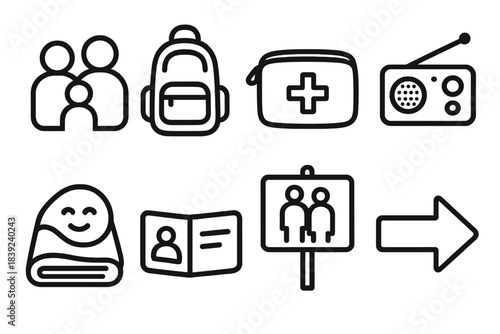 Evacuation Kit Icons. Prepared family evacuation items linear set: group icon, go-bag bundle, first aid pouch, small radio, comfort blanket, ID folder, meetup location sign, path