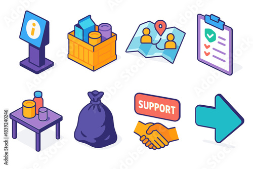 Emergency Task Icons. Emergency Community Tasks isometric flat set: info kiosk, supply crate share, volunteer coordination map, safety check form, aid table, cleanup bag, support