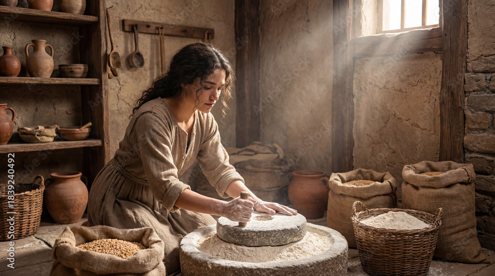 Obraz premium Biblical scene of the Virgin Mary kneeling at a millstone, looking up at a divine light representing the angel. Concept of the Annunciation and faith in ancient Nazareth.