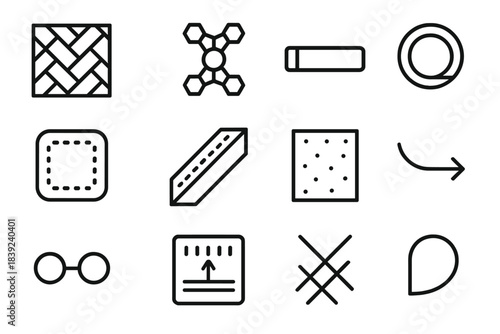 Hybrid Material Icons. Hybrid Material Frameworks linear set: reinforced fiber tile, carbon weave node, resin bar, lamination ring, load patch, stress stripe, tensile panel,