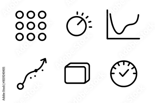 Machine Learning Icons. Learning Process Components linear set: sample batch, learning rate knob, gradient path, convergence curve, model block, score indicator.