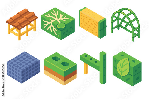Eco-Friendly Building Icons. Green building motifs flat isometric set: timber frame tile, mycelium board node, straw insulation bar, bamboo lattice arc, fiber mesh panel, composite