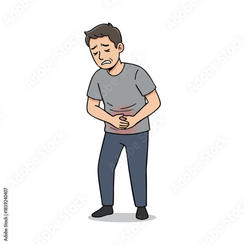Illustration of a man experiencing stomach pain and discomfort, clutching his abdomen with a pained expression