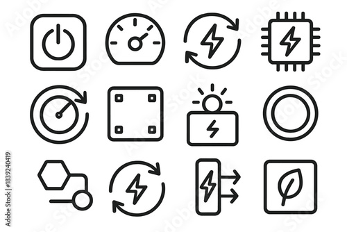 Energy Control Icons. Energy-Adaptive Intelligence linear set: power-state sensor, adaptive load gauge, dynamic energy loop, efficiency optimizer chip, self-throttle dial, standby