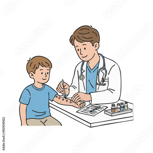 Doctor performing allergy skin prick test on a young boy's arm in a clinic setting with medical supplies