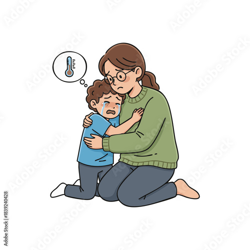 Heartfelt moment as a caring mother gently holds her feverish child, providing much-needed comfort and emotional support through illness and worry, a symbol of parental love