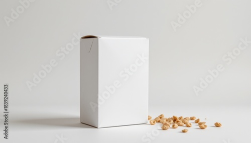 A minimalist blank cereal box mockup featuring a product packaging cardboard box isolated on a white background