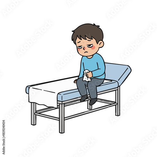 A worried young man feeling unwell, sitting on an examination table at the doctor's office, holding a tissue, possibly experiencing symptoms of illness or anxiety during a medical check-up