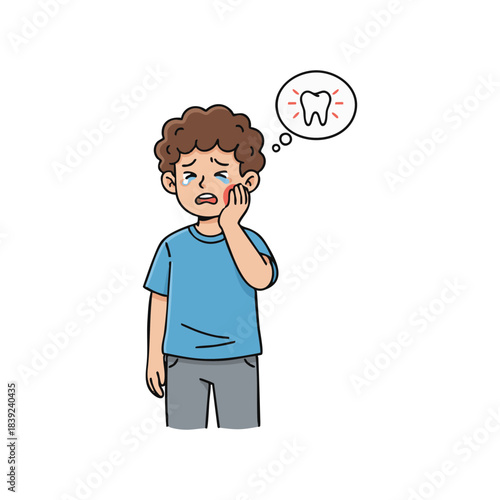Upset young boy with a painful toothache, holding his cheek in discomfort and crying, illustrating childhood dental distress and the urgent need for care