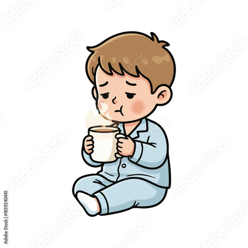 Sick child holding a warm cup of drink while wearing pajamas, illustrating a feeling of unwellness and needing comfort