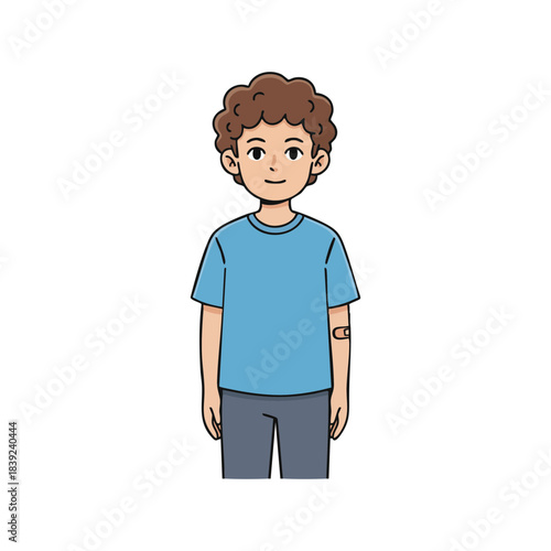 Illustration of a young boy with curly brown hair wearing a blue t-shirt and gray pants, with a bandage on his left arm