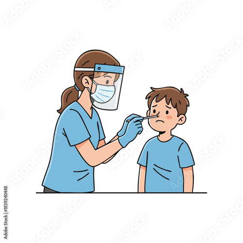 Healthcare professional performing a nasal swab diagnostic test on a young boy, highlighting virus detection and public health measures