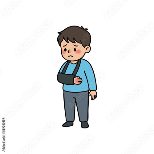 Sad boy with injured arm in a sling, illustration of a child's injury and recovery