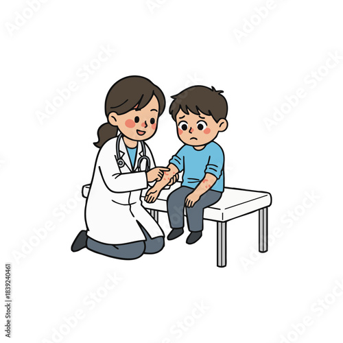A compassionate female doctor attentively examines the arm of a young, slightly worried boy during a pediatric check-up, providing reassuring care in a healthcare setting