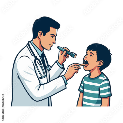 Doctor Examining a Child's Throat with a Flashlight, Medical Checkup Illustration
