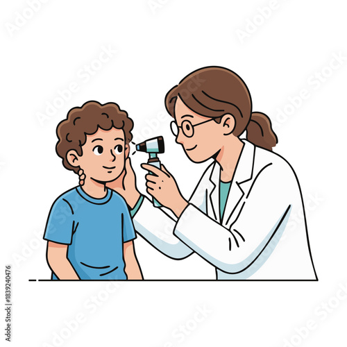 Illustration of a doctor examining a young boy's ear with an otoscope during a medical check-up